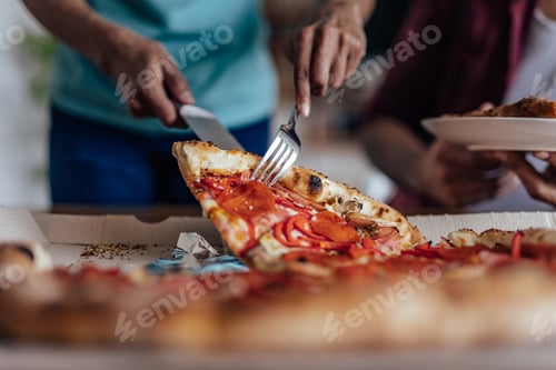 Preview: Steaming hot pizza slice being picked up with a fork.