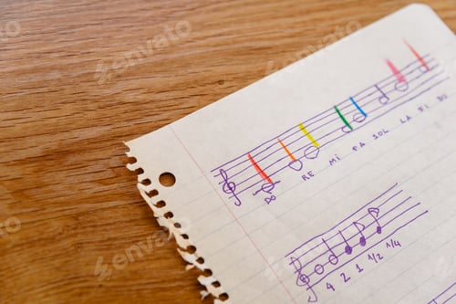 Visualização: Folha de uma escola de música com uma partitura simples com as notas básicas e os horários das crianças