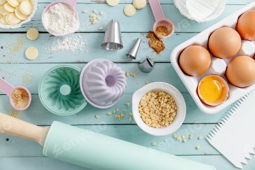 Preview: Baking concept with ingredients on blue