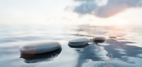 Preview: Zen stones on calm water at sunset. Spa wellness and harmony.