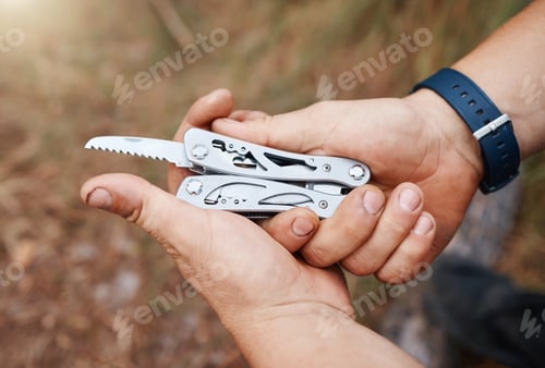 Preview: Man, multi purpose knife and camping in nature, forest and survival gear for adventure in mountains