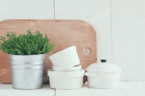 Preview: Cottage Life, Country Kitchen Decoration: A House Plant In A Metal Pot, Kitchen Pottery, Utensils
