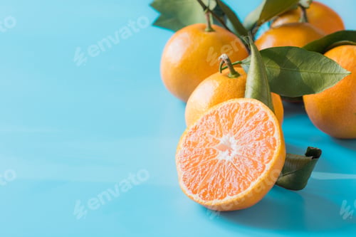 Preview: Fresh whole mandarins and slice with leaves. Healthy eating concept.
