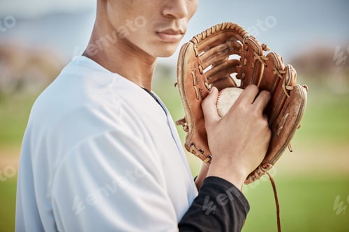 Preview: Man, baseball player or hands glove on field, sports or arena grounds for game, match or competitio