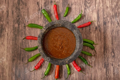 Preview: Molcajete with hot sauce on wooden table with chili peppers around.