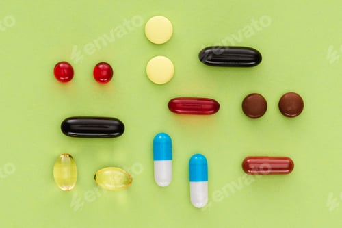 Preview: top view of arranged various pills on green background