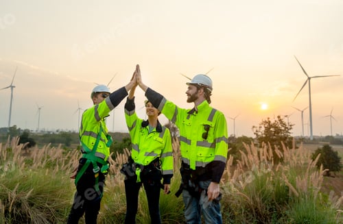 Preview: Group of technician worker man and woman stand with touch hands together express happiness