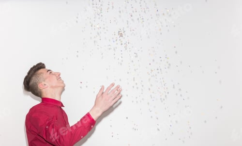 Preview: Side View, Profile Portrait, One Teenager Boy, Looking Up, Looking Above, Throwing Confetti