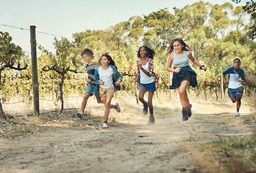 Preview: Shot of a group of teenagers running through nature at summer camp