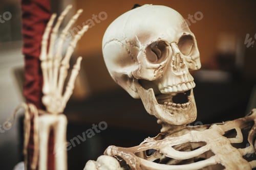 Preview: Scary skeleton, skull and hand close up, holiday decoration. Trick or treat. Happy halloween