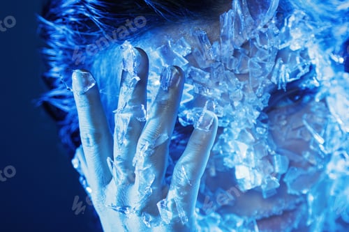 Preview: Female face covered with a small pieces of glass