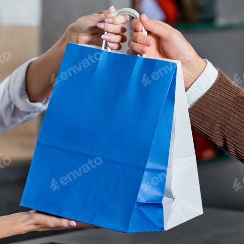 Preview: close-up partial view of seller and buyer holding shopping bags in store