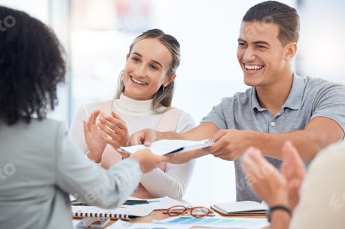 Preview: Promotion, meeting and congratulations applause for woman, marketing expert or advertising employee