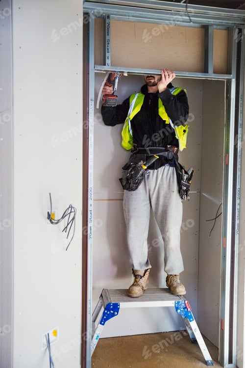 Preview: A carpenter in a small space fitting a shelf into a wall cupboard.