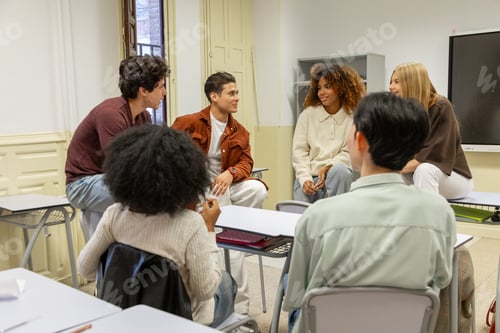 Preview: Diverse students collaborating in a group discussion
