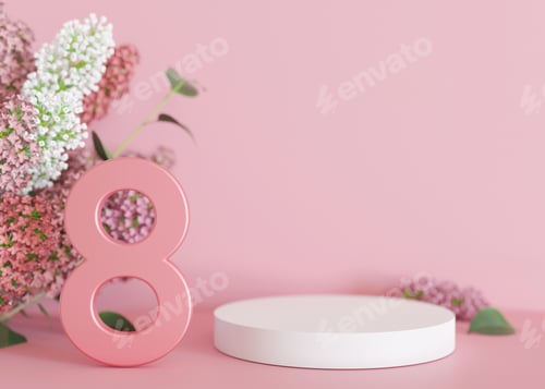 Preview: White podium with flowers on pink background. Womans Day. Platform, stage for beauty, cosmetic