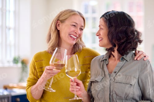 Preview: Same Sex Mature Female Couple Celebrating With Glass Of Wine At Home Together