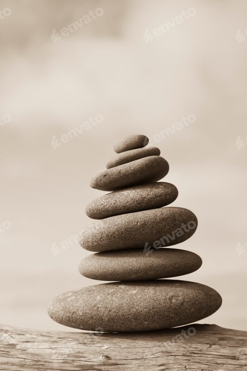 Preview: A pile of balancing smooth beach rocks near Rialto Beach, Olmpic national park, in Washington, USA