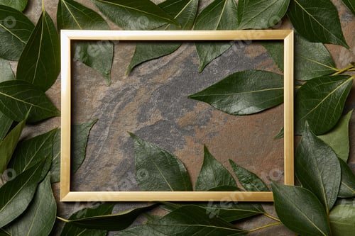 Preview: top view of empty golden frame on stone background with copy space and green fresh leaves