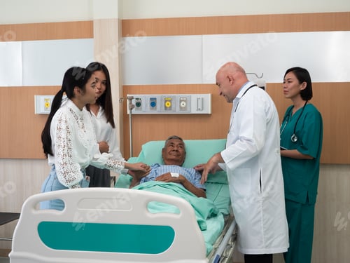 Preview: In hospital room relative visit patient hold hand and listen doctor explain his illness condition
