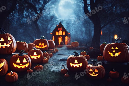 Preview: carved Halloween pumpkins and haunted house in forest