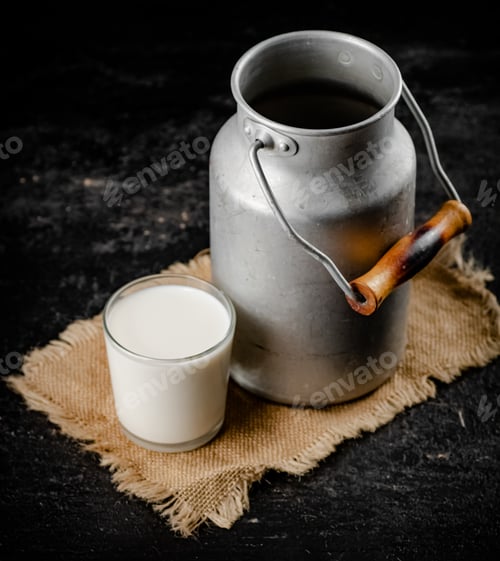 Preview: Rustic milk in a can and a glass on the table.