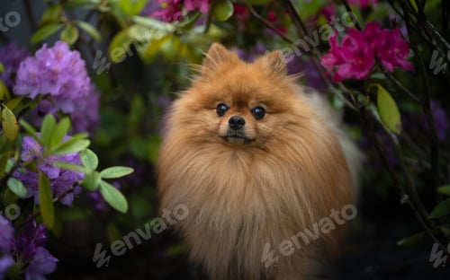 Preview: Small Pomeranian dog in a floral garden with lush greenery