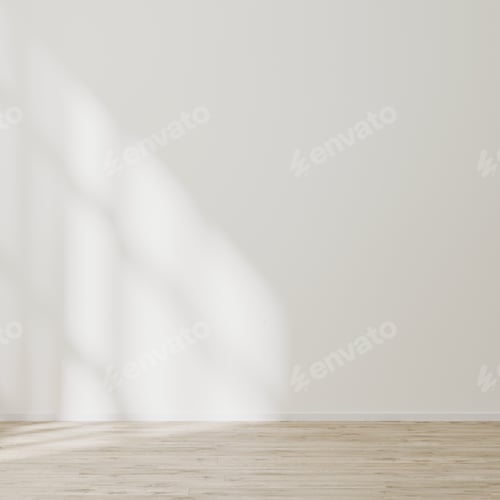 Preview: empty wall mock up, empty room with white wall with sunlight and shadows, wooden floor