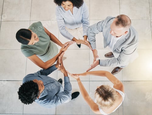 Preview: Top view, business people or circle hands in collaboration, diversity team building or financial gr