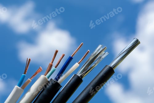 Preview: various stripped wires against the sky and clouds