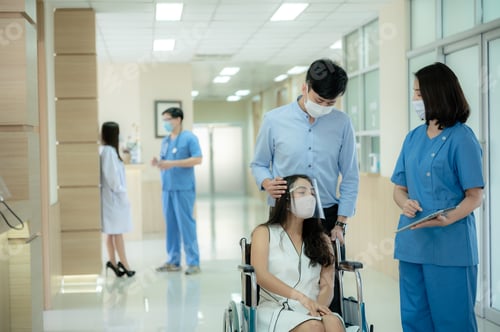 Preview: doctor at clinic provides a patient with professional advice and treatment, while insurance supports