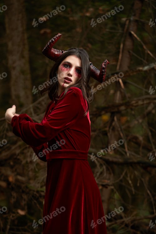 Preview: Stylish and fashionable model girl in the image of Maleficent posing among mystic forest - fairytale