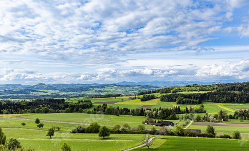 Preview: View of a forest, fields and village on the hills against a cloudy sky
