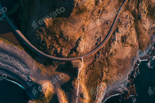 Preview: Winding highway on rogged geological area by atlantic peninsula in summer at Iceland