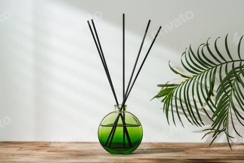 Preview: Aromatic Reed Diffuser on Wooden Table With Vibrant Green Leaves Against White Background