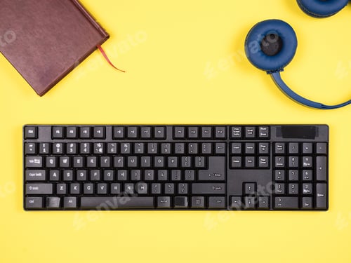 Preview: top view bussines man concept image on yellow desk