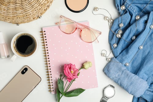Preview: Composition with female accessories on white background. Woman blogger