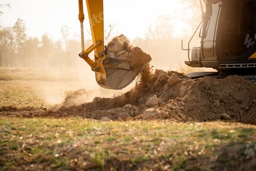 Preview: Backhoe working by digging soil at construction site. Crawler excavator digging on demolition site.