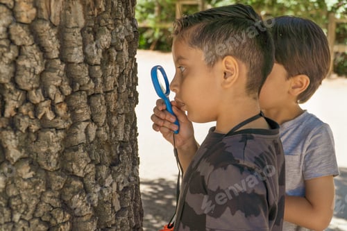 Preview: latin boy looking a tree trunk with a magnifying glass