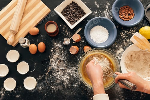 Preview: Beautiful woman Preparing Cookies And Muffins.