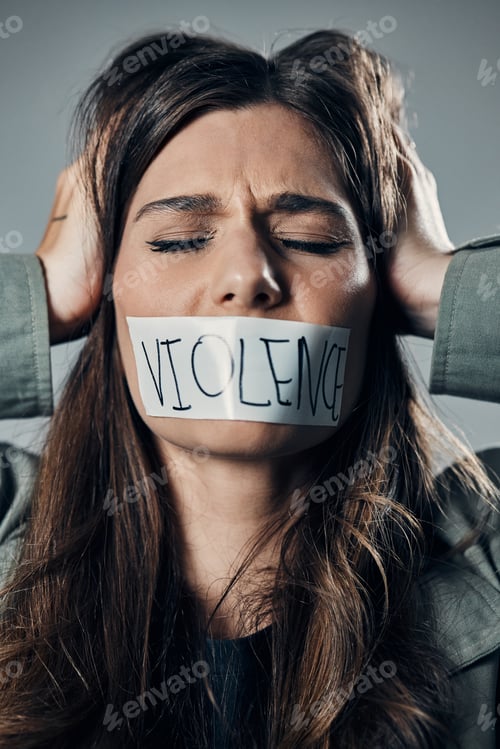 Preview: Woman, protest and tape on mouth in fear for cold war, armageddon or doomsday against a gray studio