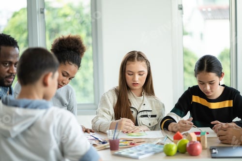 Preview: Group of diversity students enjoy drawing and painting in arts class with friends