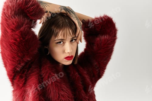 Preview: Young woman showcases bold fashion in striking red attire, highlighting modern style and confidence