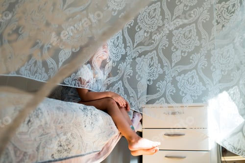 Preview: Girl hiding flying curtain, play at home, light and airy