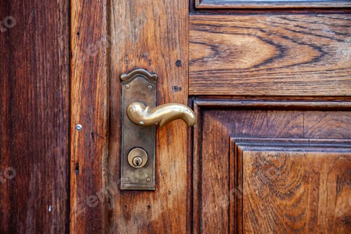 Preview: close up view of rustic wooden door with steel handle