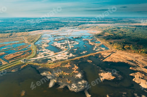 Preview: Belarus. Aerial View Of Road Through Ponds In Autumn Landscape. Ponds Of Fisheries In The South Of