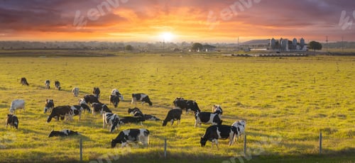 Preview: Free range milk cows grazing on farm pasture.