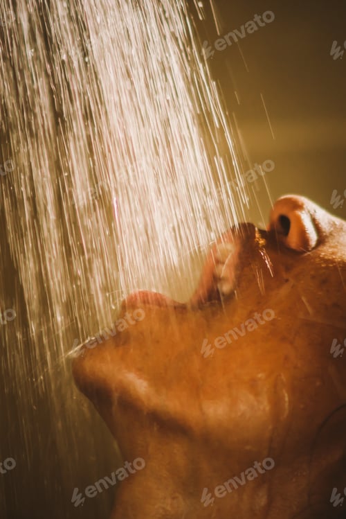 Visualização: Mulher de colheita pegando água do chuveiro com boca