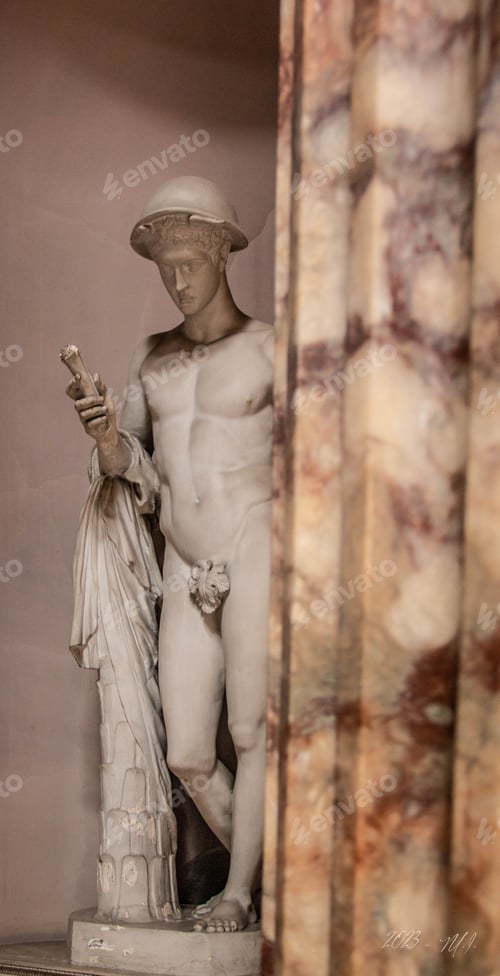 Preview: Large white marble statue in a regal ballroom setting, located in the Kedleston Hall