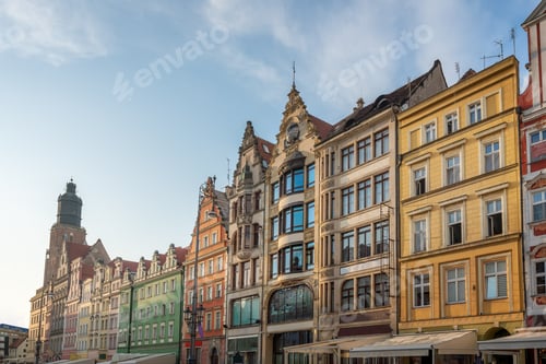 Preview: Market Square colorful buildings and St Elizabeth Church Tower - Wroclaw, Poland
